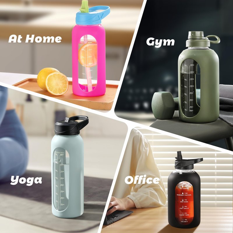 CIVAGO 24 oz Glass Water Bottle with Straw and Handle, Large Sports Motivational Water Bottle Flask with Time Marker and 2 Lids, Leakproof Jug Canteen with Silicone Sleeve for Gym, Black