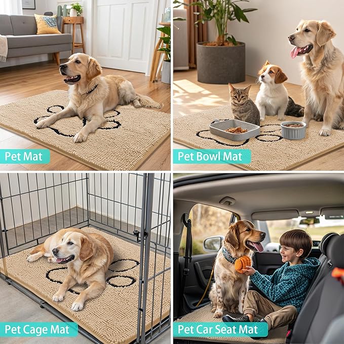 Smiry Dog Door Mat for Muddy Paws, Absorbent Dirt Trapper Non Slip Quick Dry Washable Chenille Mat for Mud Dogs, Entry Rug for Indoor and Outdoor (36x24 Inches, Beige and Black