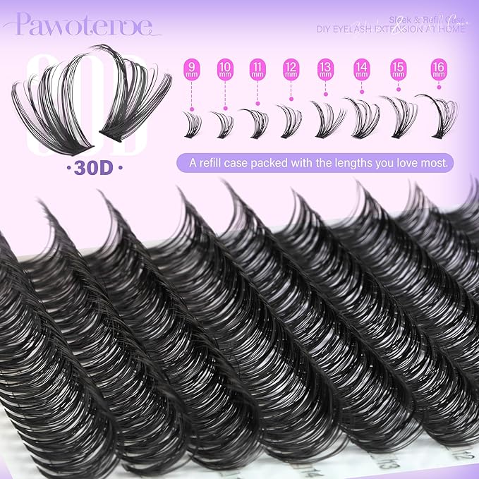 Pawotence Lash Clusters 200pcs Individual Lashes 30D Cluster Eyelash Extensions 11-16mm Eyelash Clusters Lash Extensions for Self Application (30D, 0.07D, 11-16mm Refill)