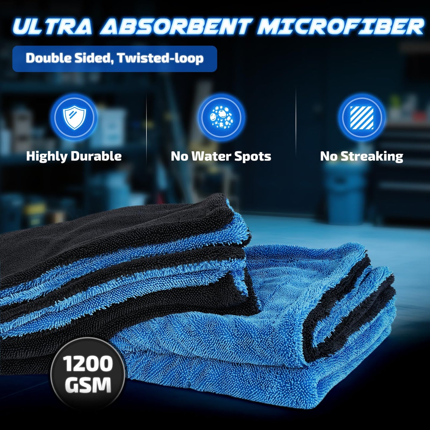 SMINDER 2-Pack 1200 GSM Car Drying Towels – Microfiber Towels for Cars (36" x 24"), Ultra-Absorbent, Streak-Free, Scratch-Free, No Water Spots, Double-Twist Pile & Edgeless Design(Blue)