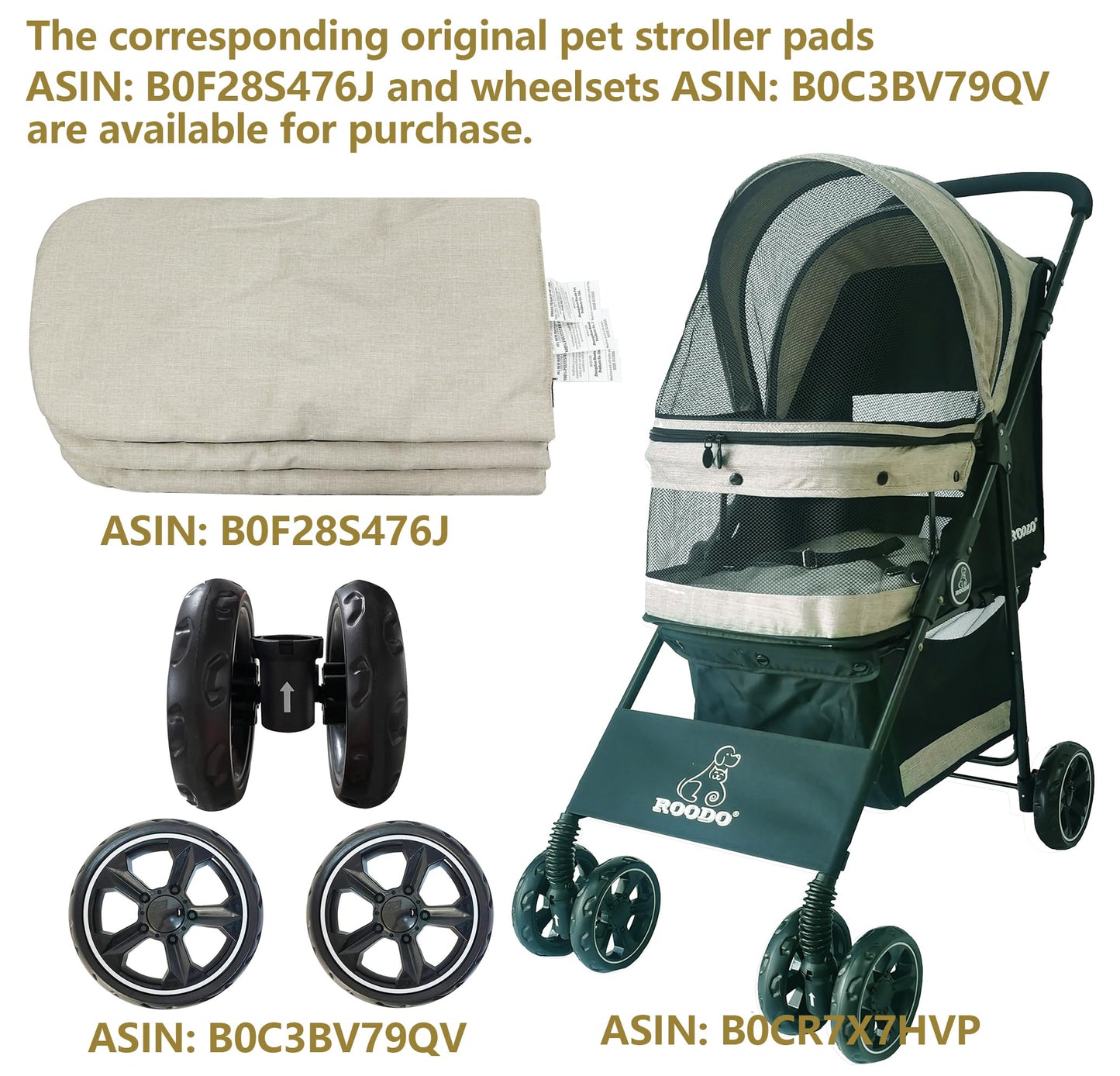 ROODO 4 Wheel Dog Cat Pet Stroller Best Lightweight Foldable Compact Portable Jogger All Terrain Travel Pet Gear Puppy Doggie Bunny Kitty Stroller for up to 30lbs Medium Small Dogs Cats(Light Khaki)