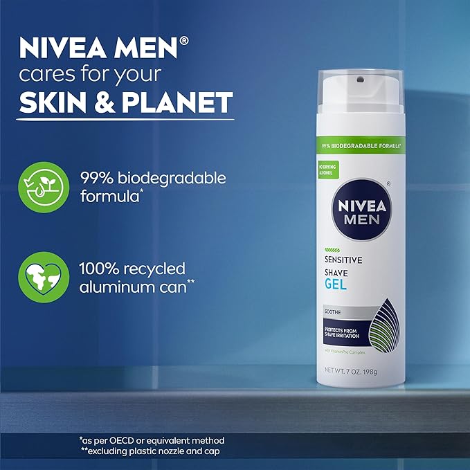 NIVEA MEN Sensitive Shave Gel, Shaving Gel for Men with Sensitive Skin, Enriched with VitaminPro Complex, 7 Oz Can, Pack of 3