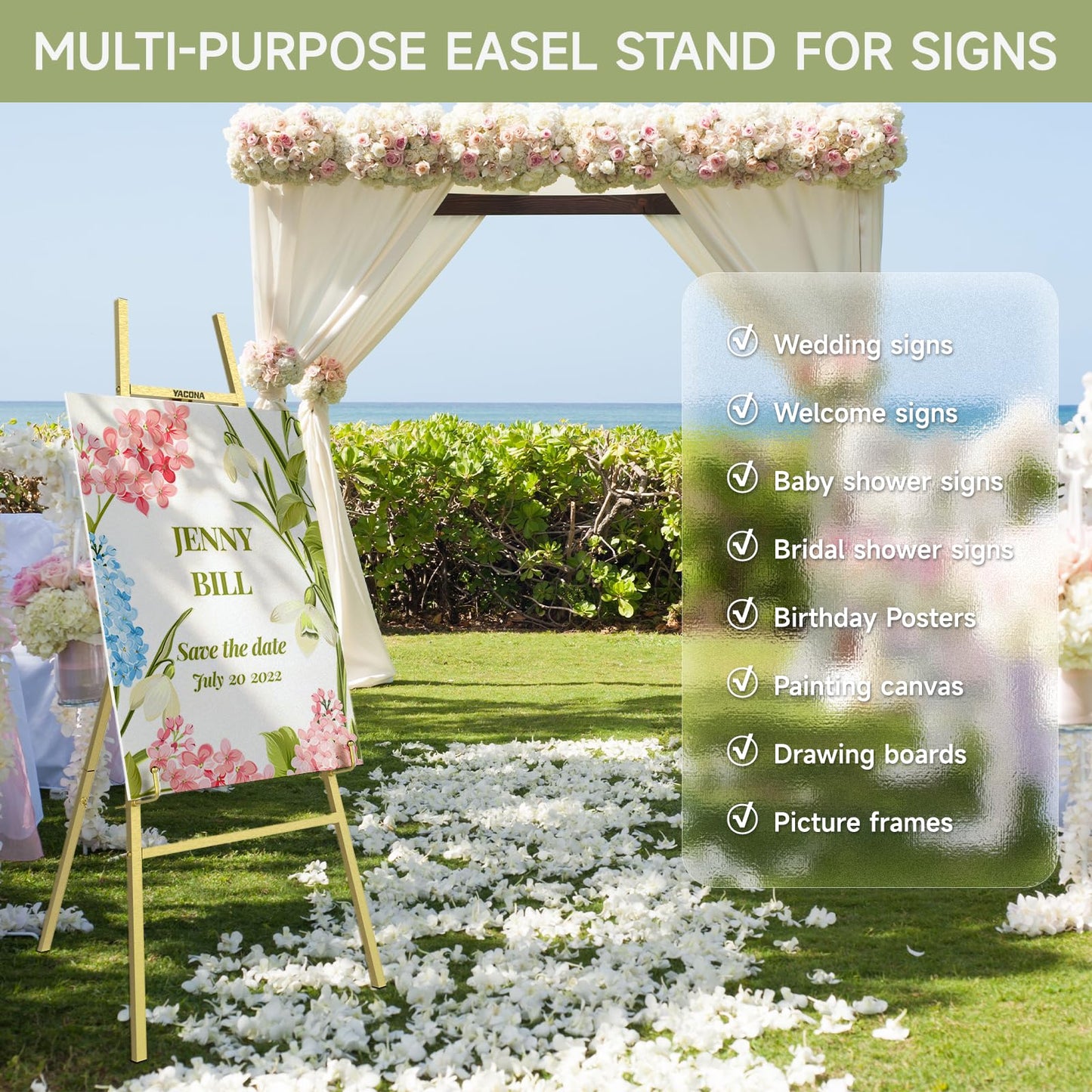 Gold Easel Stand for Sign, Heavy Duty Metal Display Easel with Adjustable Chain, 4-Tier Art Easel for Painting, Wedding Sign, Posters & Commercial Display