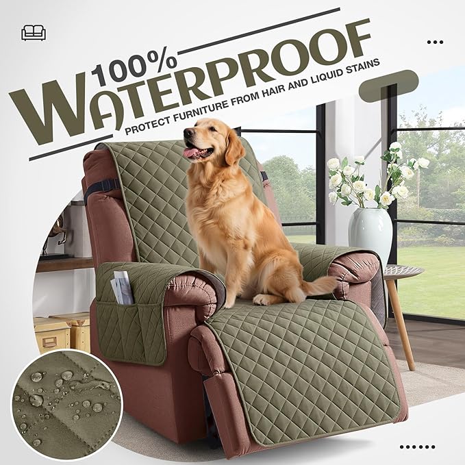 KinCam 100% Waterproof Recliner Chair Cover, Reclining Couch Covers for Pets, Dogs, Recliner Couch Slipcover Furniture Protector with Elastic Straps for Kids(23.6", Gray Green)