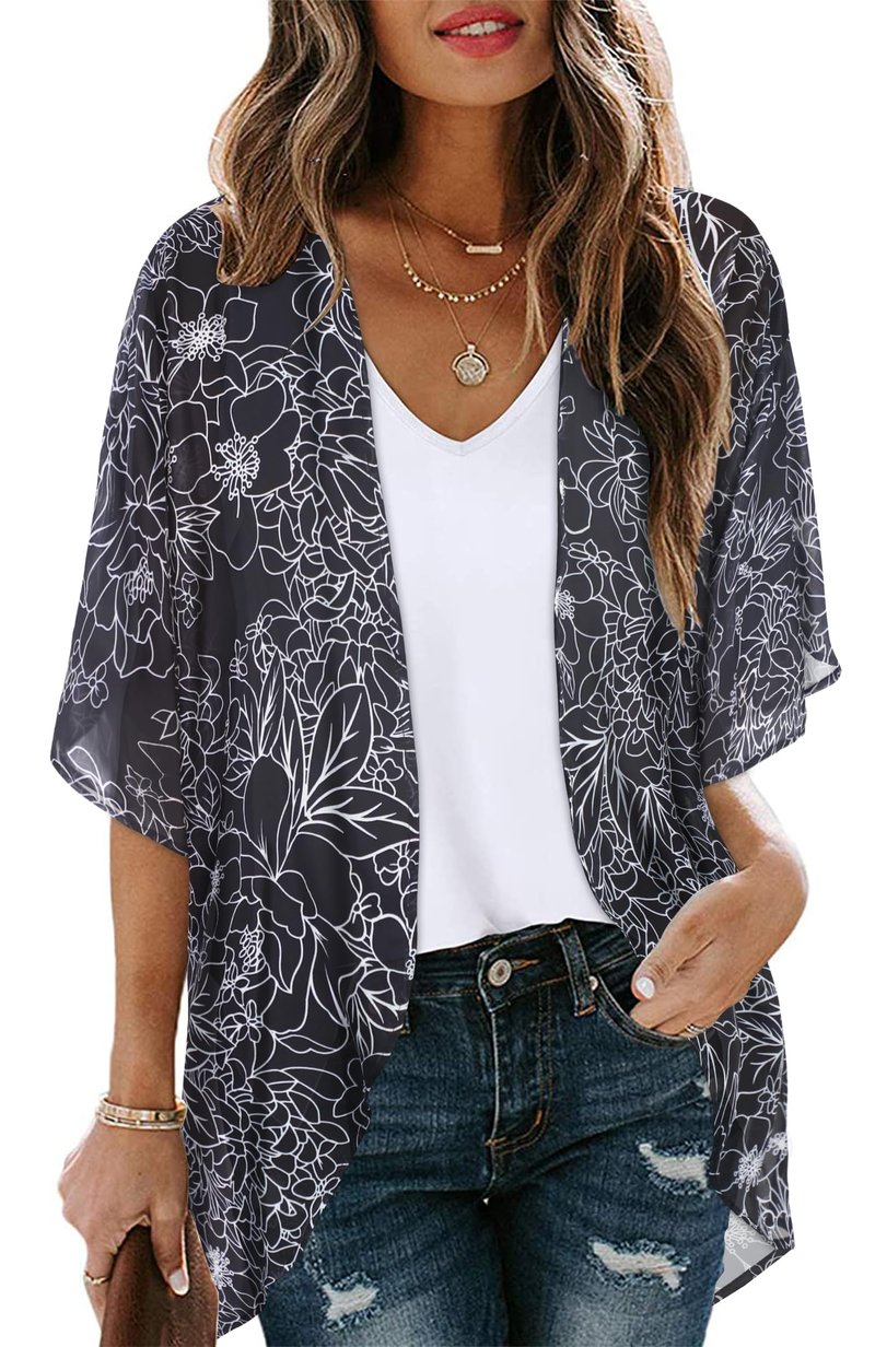 Womens Floral Kimono Cardigans Loose Puff Sleeve Casual Beach Coverups Tops (Black Brief Flowers,XL)