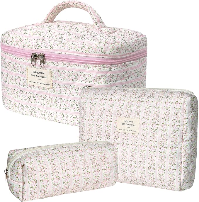 Makeup Bag Set, Portable Travel Make up Bag, Large Capacity Quilted Cosmetic Organizer Bag, Cute Floral Toiletry Bag for Women Girls (Pink Flower)