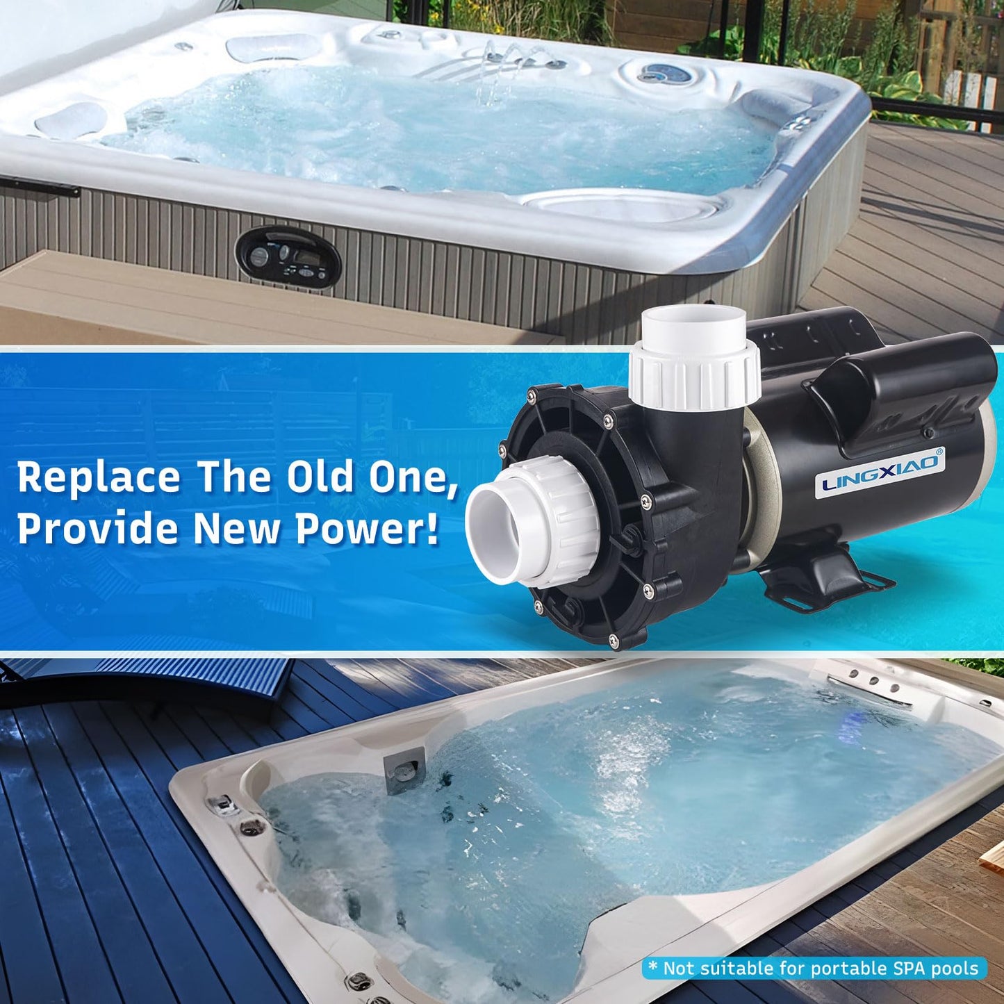 LINGXIAO SPA Pump, 2 Speed Hot Tub SPA Pump - 1.5HP LX SPA Motor, 115V, 2"Port, 48 Frame - (Model: 48WUA1001C-II)