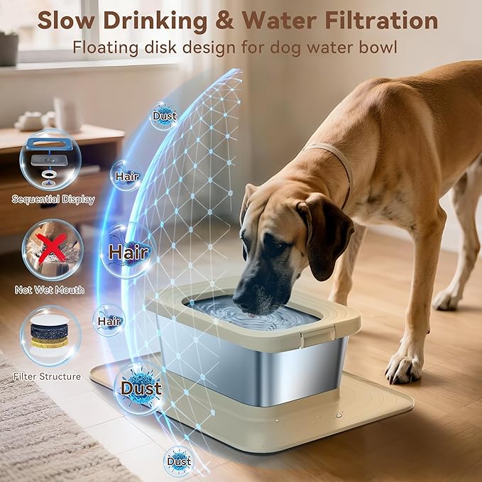 10L No Spill Dog Water Bowl, 2.6 Gal Stainless Steel No Splash Large Dog Water Bowl with Non-Slip Silicone Mat, Spill Proof Slow Drinking Pet Bowls for Messy Drinkers Indoor/Outdoor Use Beige