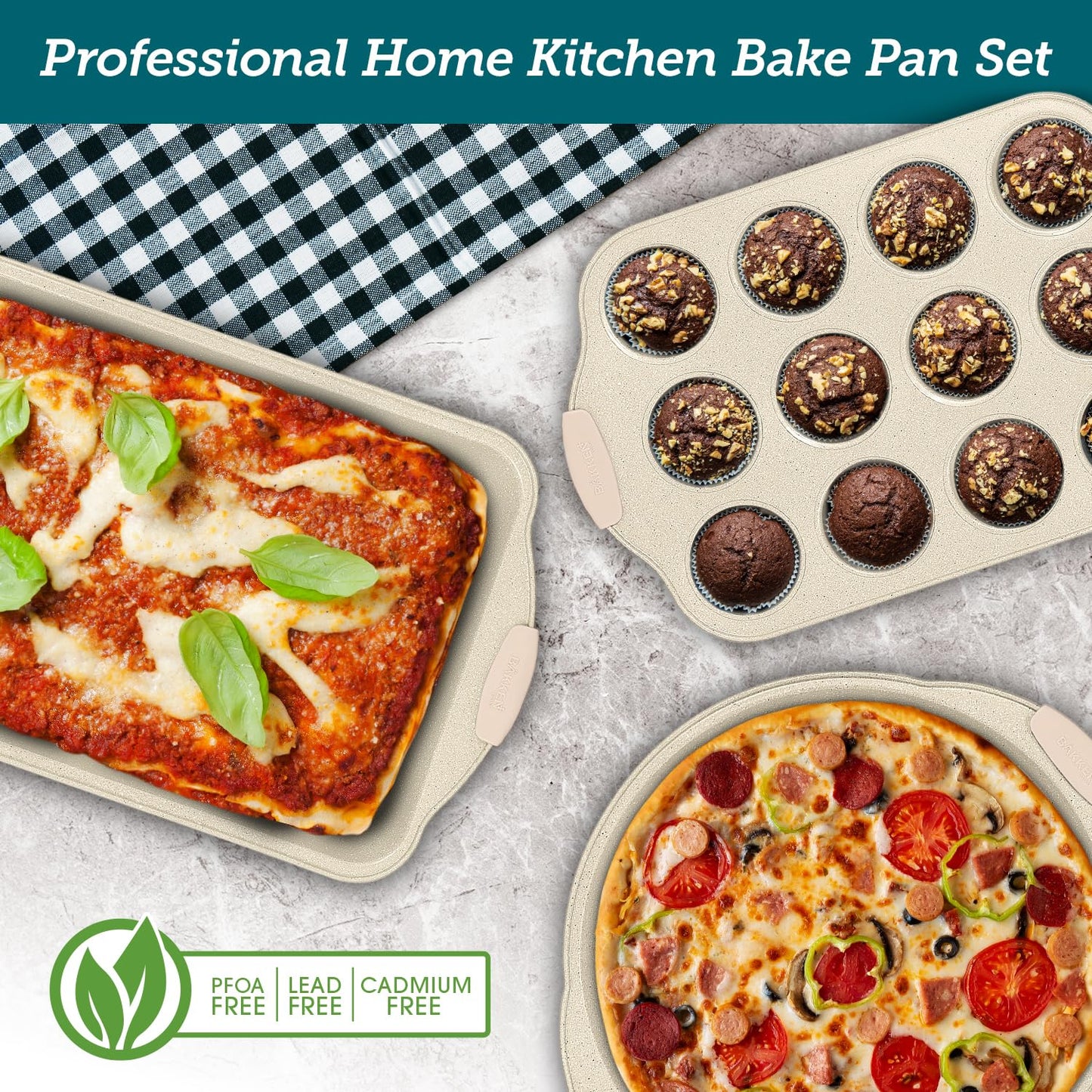 BAKKENMASTER Deluxe 8-Piece Carbon Steel Bakeware Set - Nonstick White Marble Coating, Silicone Handles - Professional Quality Kitchen Oven Baking Pans