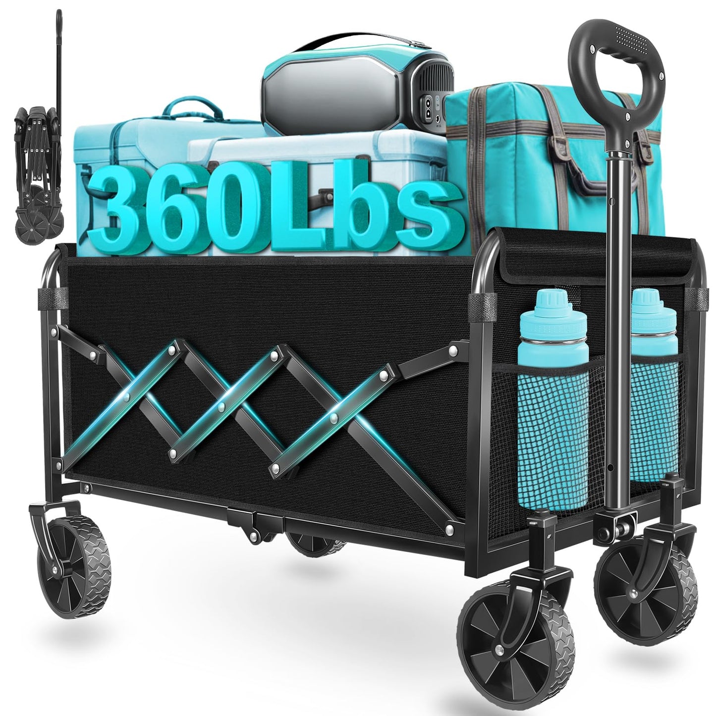 Wagons Carts Foldable, Collapsible Wagon with Wheels â Foldable Wagon for Groceries,Picnic,Beach,Camping, Small Hauls, Apartment Moving Storage, Portable Utility Folding Wagon Cart, 360lbs,Jet Black