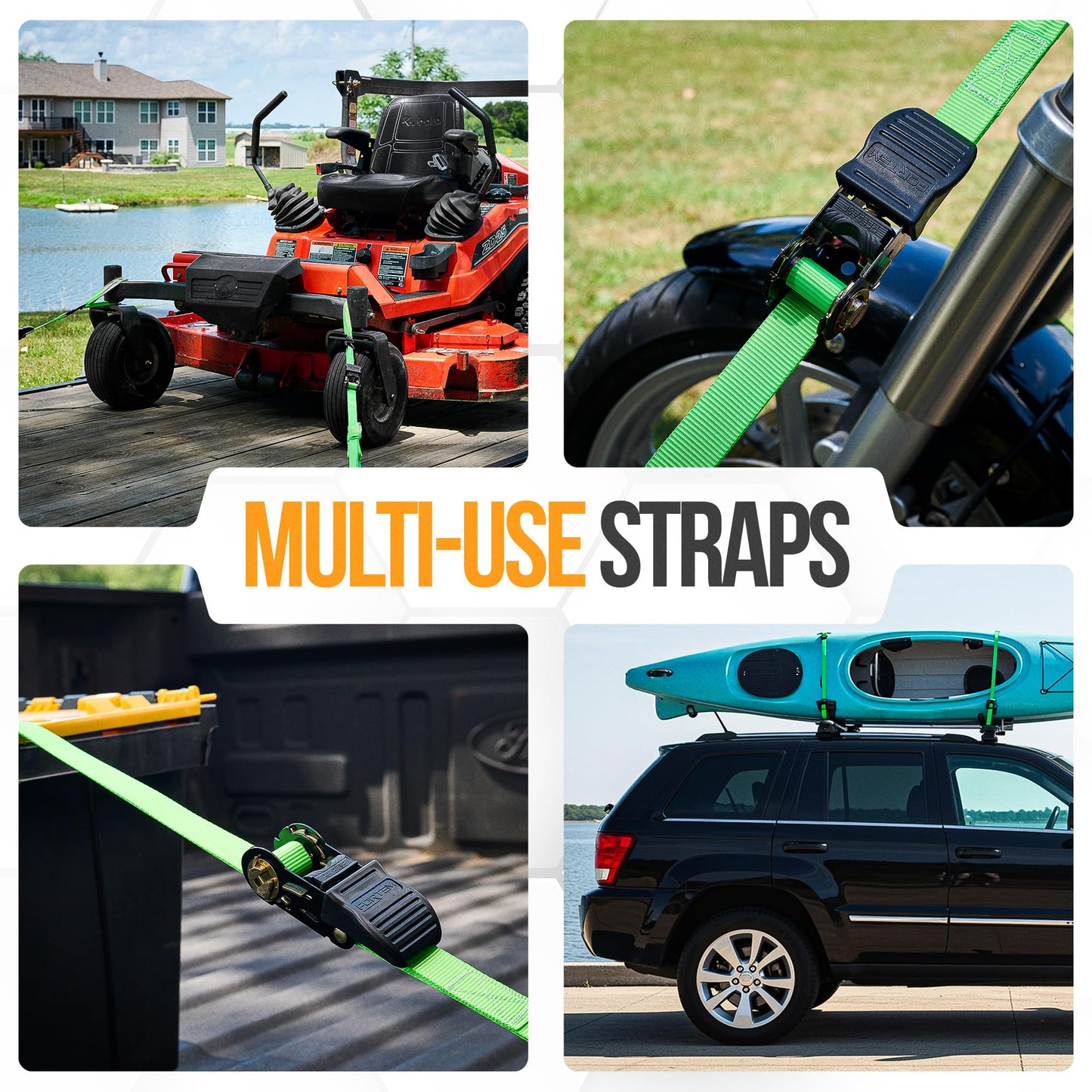 FORTEM Ratchet Straps, Tie Down Strap Set 1650lb Break Strength, 4 Pack 15ft x 1in, 4 Soft Loops, Moving Straps Tie Downs, Cargo Cam Buckles for Trucks, Carry Bag, for Men