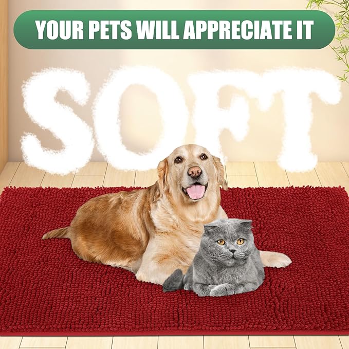 IM HOME Chenille Absorbent Outdoor Doormat 60" x 36", Washable Muddy Door Mats for Dog Non Slip Indoor Doormat Soft Front Inside Doormats for Entryway, Mud Dog Paws, Patio Red Burgundy
