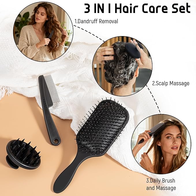 Belongtous Dandruff Lice Flea Hair Brush Comb Set, 3 In 1 Professional Nit Comb Kit, Massage Paddle Brush Scalp Massager for Hair Growth, Shower Detox Head Massage Tool Women Men Kids