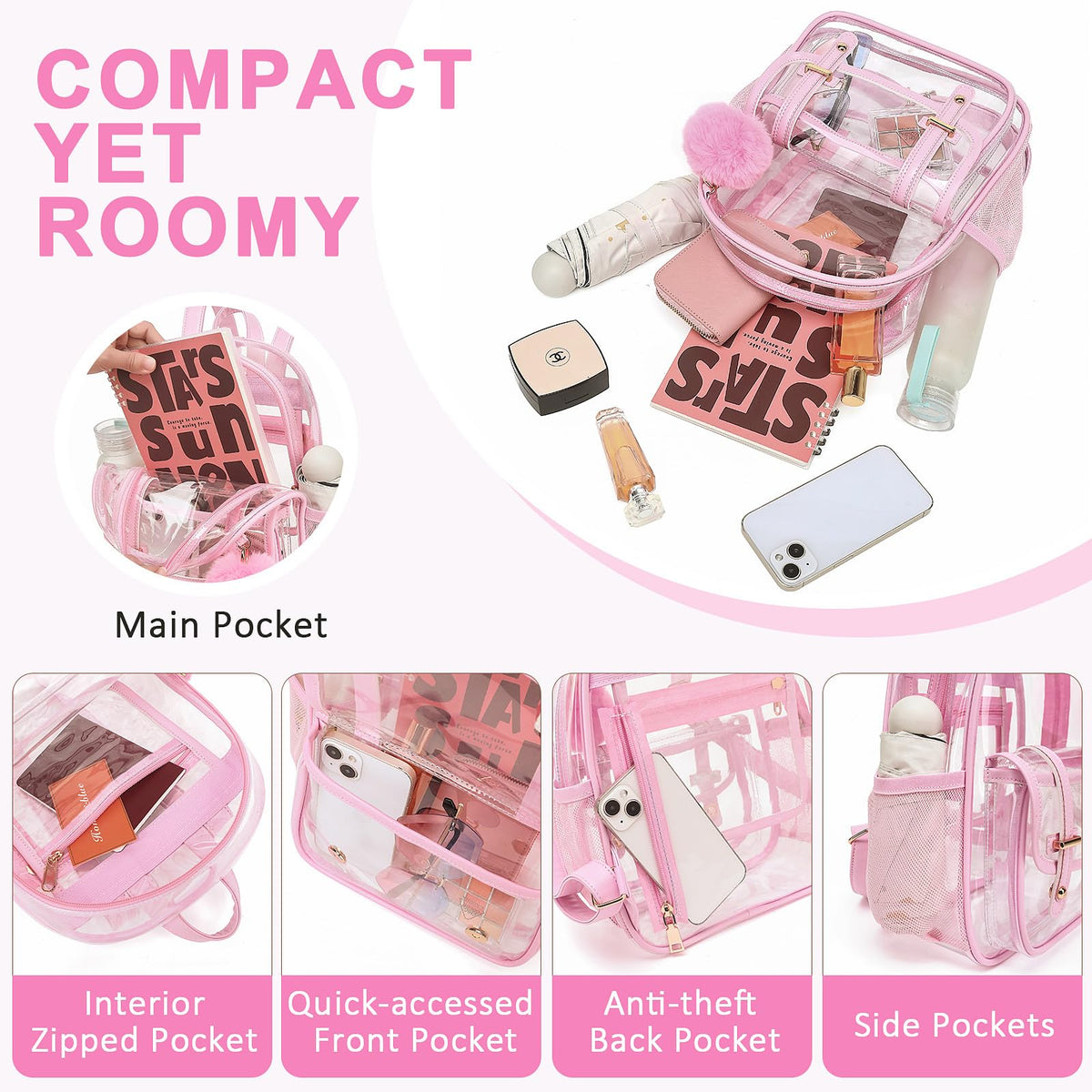 Clear Backpack for Stadium Events, 12x 12x 6 Small Transparent Backpack PVC Mini See Through Bag for Women Girls for Concert Festival, Pink