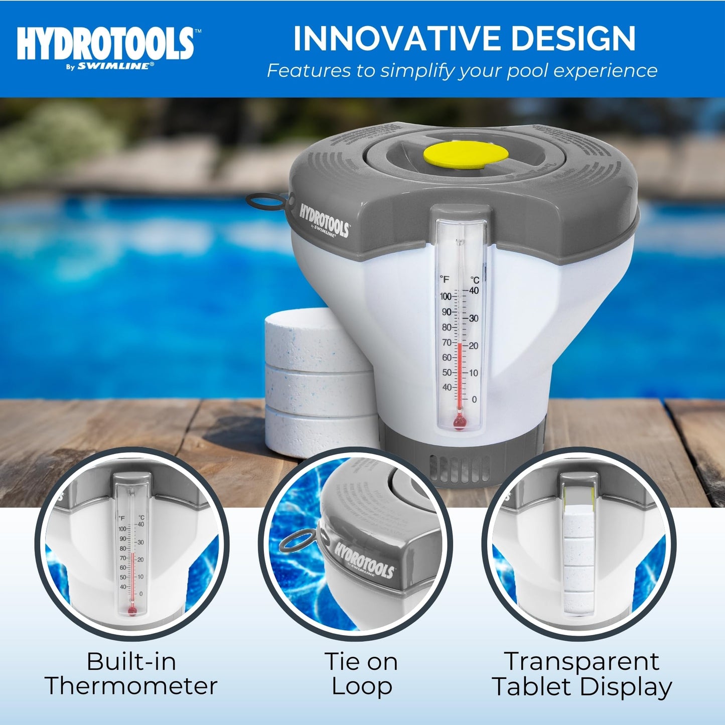 SWIMLINE HYDROTOOLS Smart Chlorine Floater Dispenser for Above Ground & Inground Pools Spas W/Thermometer | Tablet Refill Indicator & Tongs | Large Adjustable Floating 3-Inch Chlorine Bromine Tabs