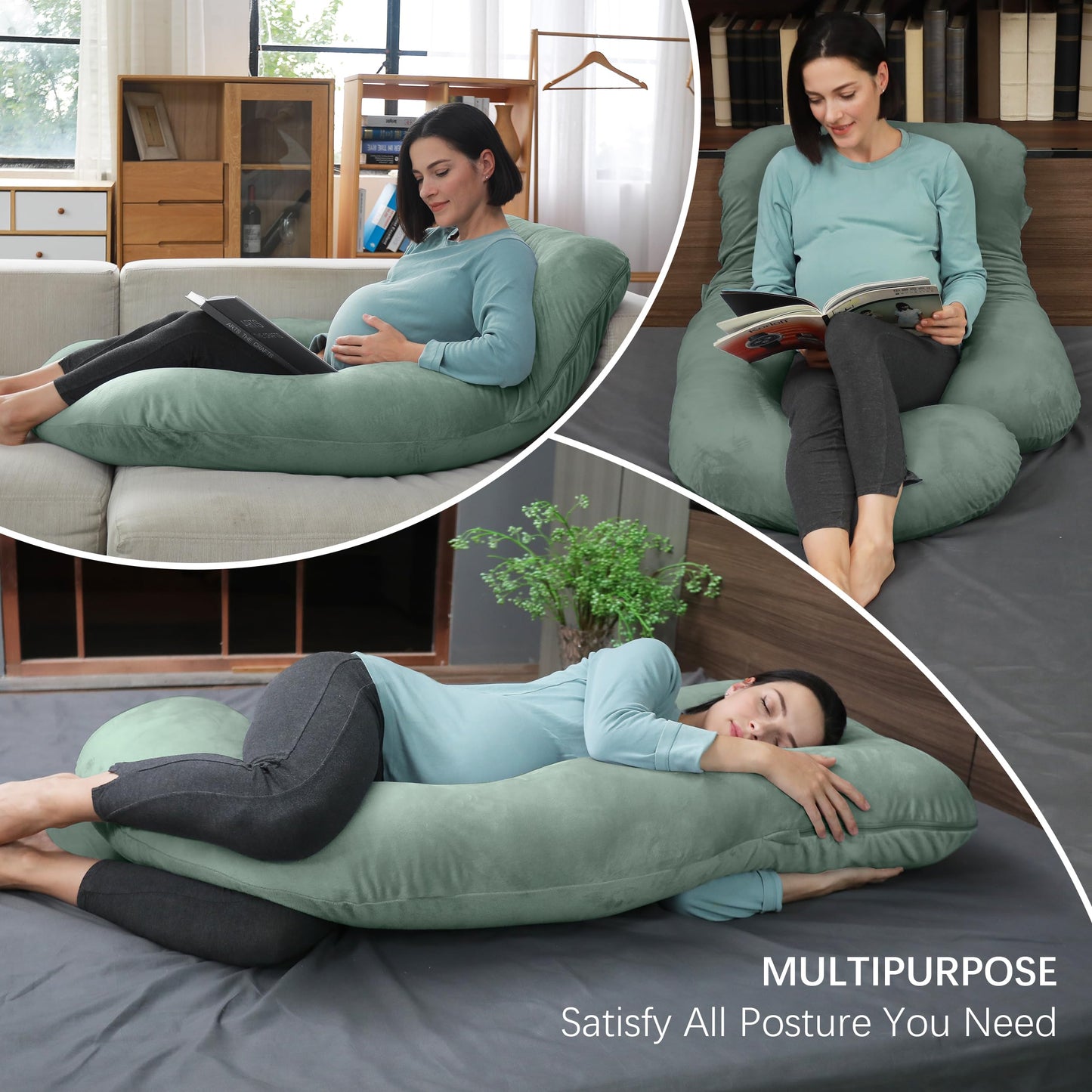 MOON PARK Pregnancy Pillows for Sleeping - U Shaped Full Body Maternity Pillow with Removable Cover - Support for Back, Legs, Belly, Hips - 57 Inch Pregnancy Pillow for Women - Green