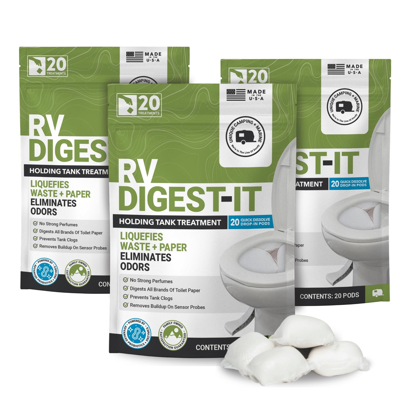 Unique RV Digest-It RV Toilet Treatment, Drop-In Pod - Convenient, Dissolvable, Mess-Free - Eliminates Odors and Liquifies Waste (60 Pods)