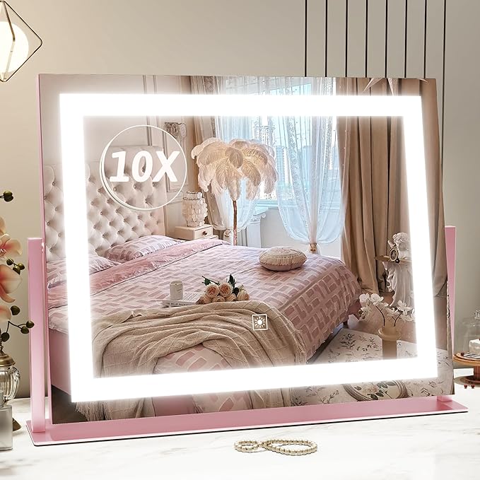 ROLOVE Pink Vanity Mirror with Lights 22"x18", Lighted Makeup Mirror with 10X Magnification, Smart Touch 3 Colors Dimmable, 360° Rotation, Gift for Teens
