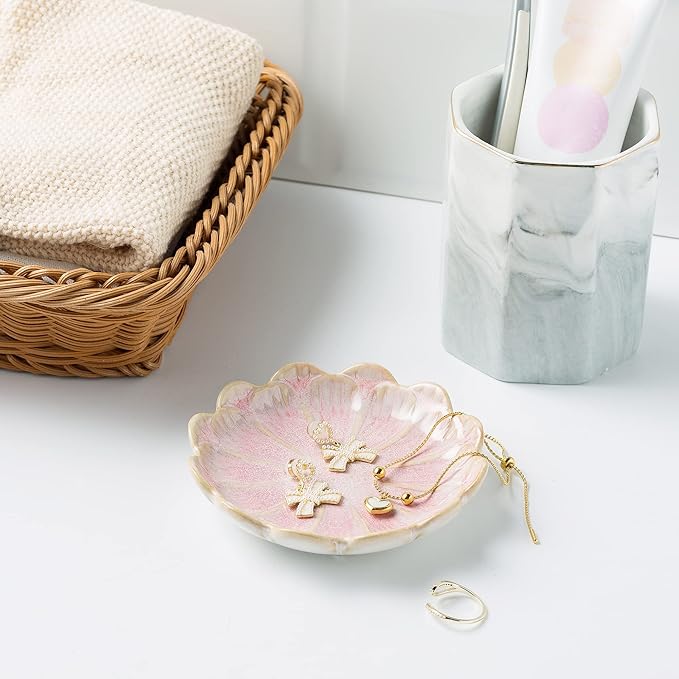Jewelry Dish Tray, Ring Dish, Ceramic Trinket Tray, Key Bowl, Decorative Plate, for Friends Sisters Daughter Mother (Pink)