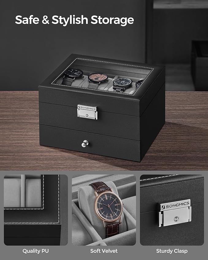 SONGMICS Watch Box, 8-Slot Watch Case Organizer with Large Glass Lid, 2 Layers, Removable Pillows, Metal Lock, Gift for Loved Ones, Black Synthetic Leather, Greenish Gray Lining UJWB080G01