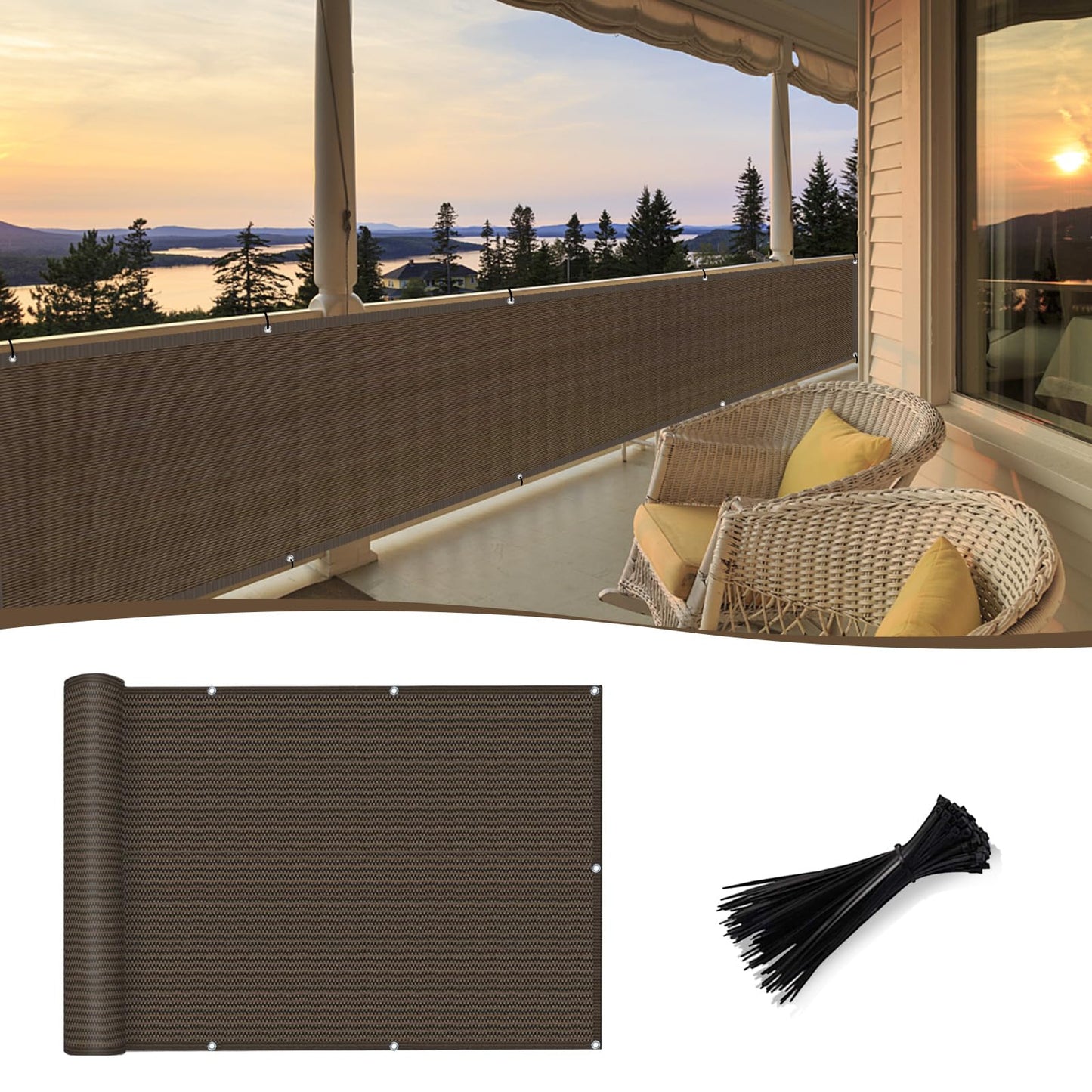 SUNNY GUARD 3'x10' Brown Balcony Deck Privacy Screen Fence, Apartments Railing Screen, Heavy Duty Wind Screen for Outdoor,Backyard,Patio,Deck Privacyï¼We Make Custom Sizesï¼