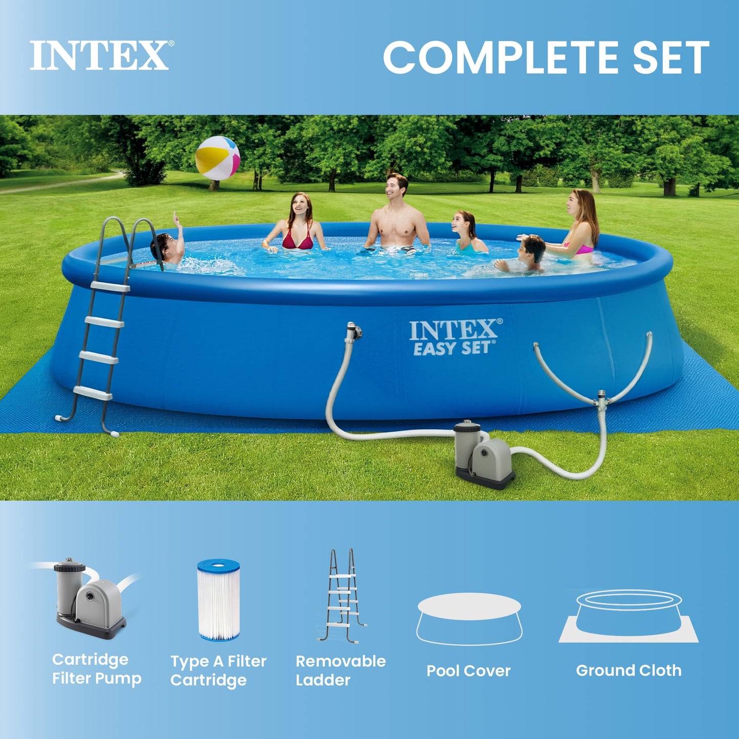 INTEX Easy Set 18 ft x 48in Above Ground Pool Set, Round Inflatable Swimming Pool with 1500 GPH Cartridge Filter Pump, Ladder, Cover, & Ground Cloth