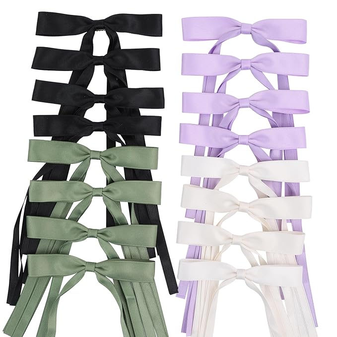 Hair Bows Clips Coquette Ribbon Bowknot with Long Tail Princess Hair Bows French Barrettes Hair Accessories for Women Girls 16PCS (Cream, Green, Purple, Black)