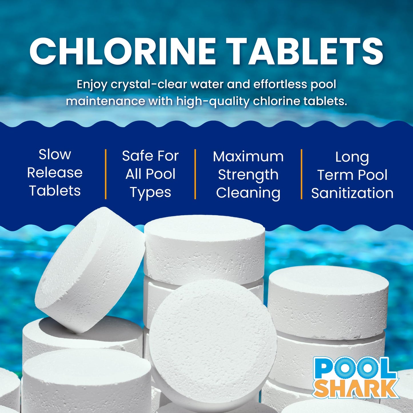 Pool Shark Swimming Pool Chlorine Tablets - 3-Inch Chlorine Tablets - Slow-Dissolving 90% Active Chlorine Tabs - Pool Chemicals for Inground Pools, Above Ground Pools, Saltwater, Spa, Hot Tub (50 lbs)