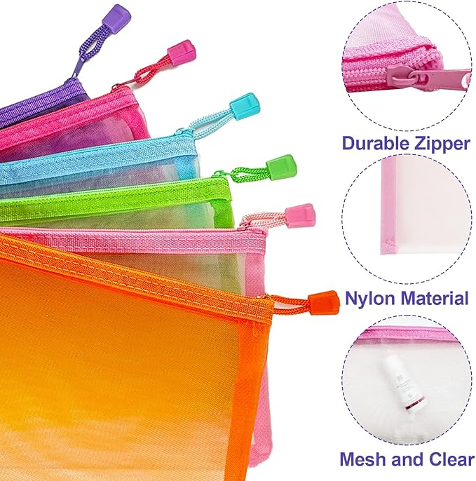 Mesh Pouches(6 Pack), Mesh Bags with Zipper Nylon Makeup Pouches Bag Cosmetic Pouch Travel Purse Organizer Insert Diaper Inside Bag Organizers Home Organizing Size See Through Cute Colors