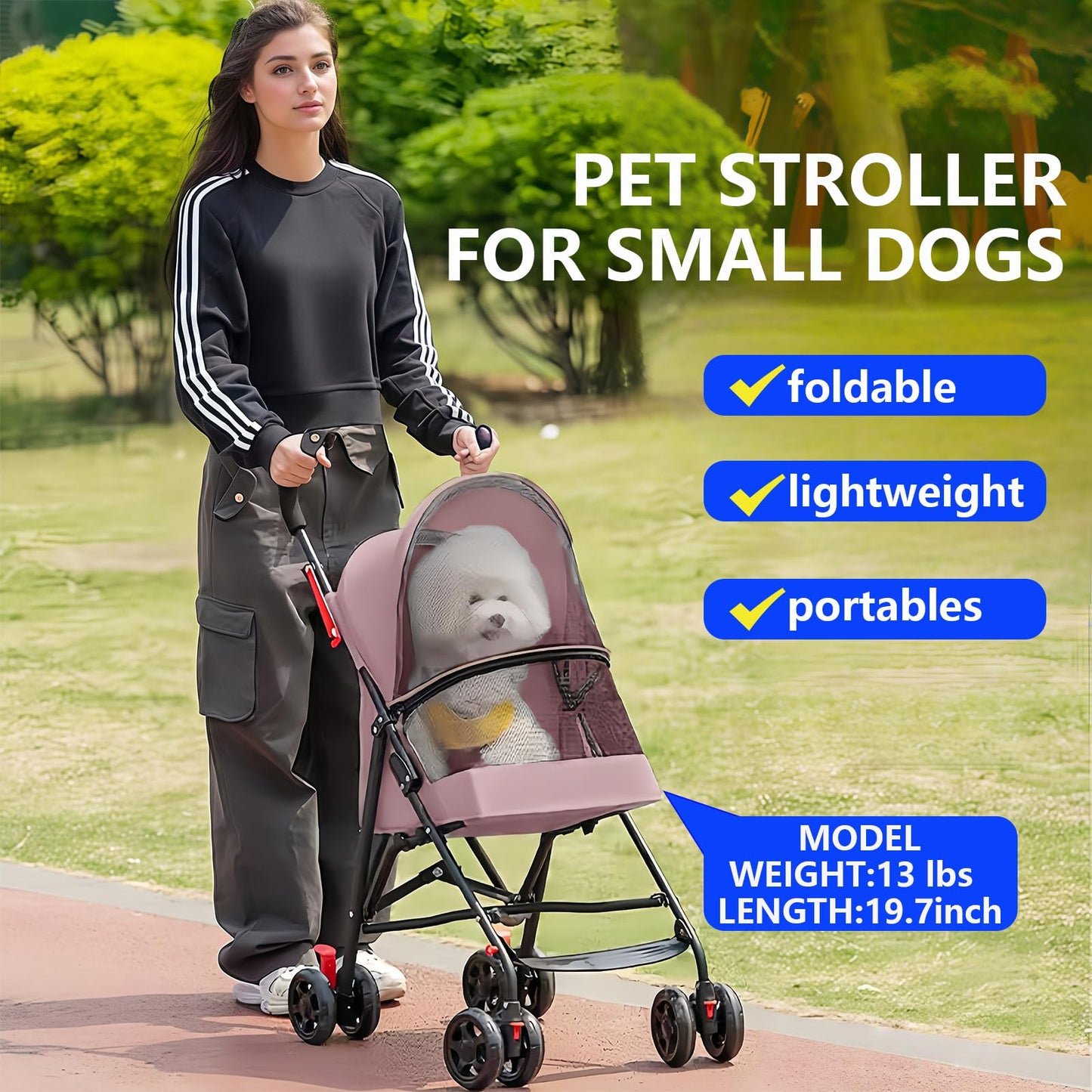 Pet Stroller for Small Dogs and Cats,CYUmail 4 Wheels Foldable Dog Stroller,Puppy Carrier for Small Dogs 0-15 lbs w/Cup Holder,Breathable Visible Mesh,Pink