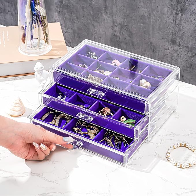 ProCase Earring Holder Organizer Jewelry Box with 3 Drawers, Acrylic Clear Earring Case with Adjustable Velvet Trays for Women - Purple, 3 Layers