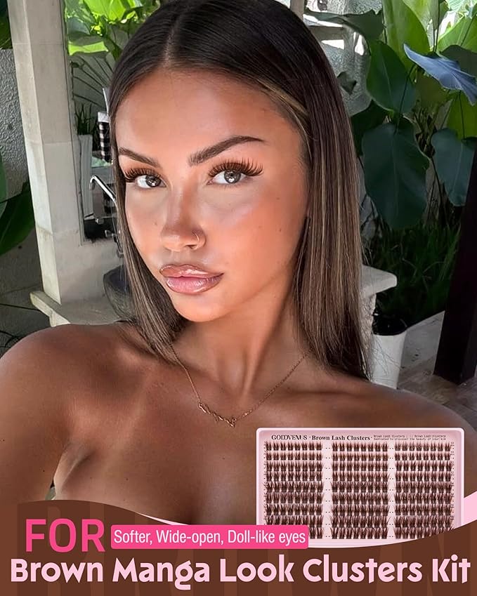 Goddvenus Brown Wispy Lash Clusters Manga Eyelashes Clusters Natural Cluster Eyelash Extensions Fairy DIY Lash Extension Anime C Curl Waterproof Individual Eye Lashes