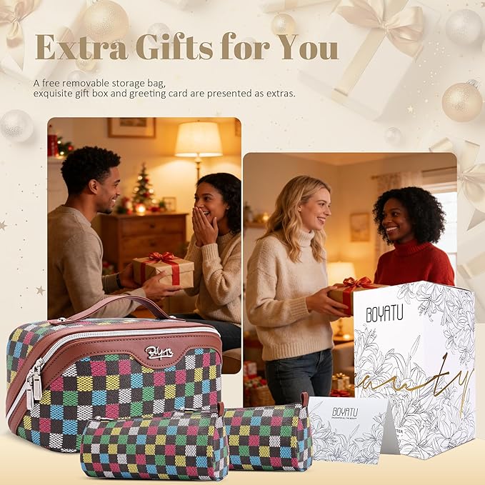 BOYATU Travel Makeup Bag Organizer Cosmetic Bag: 3 Pcs Set Make up Bags for Women with Handle - Waterproof Vegan Leather Toiletry Bag (01-H-Brown)