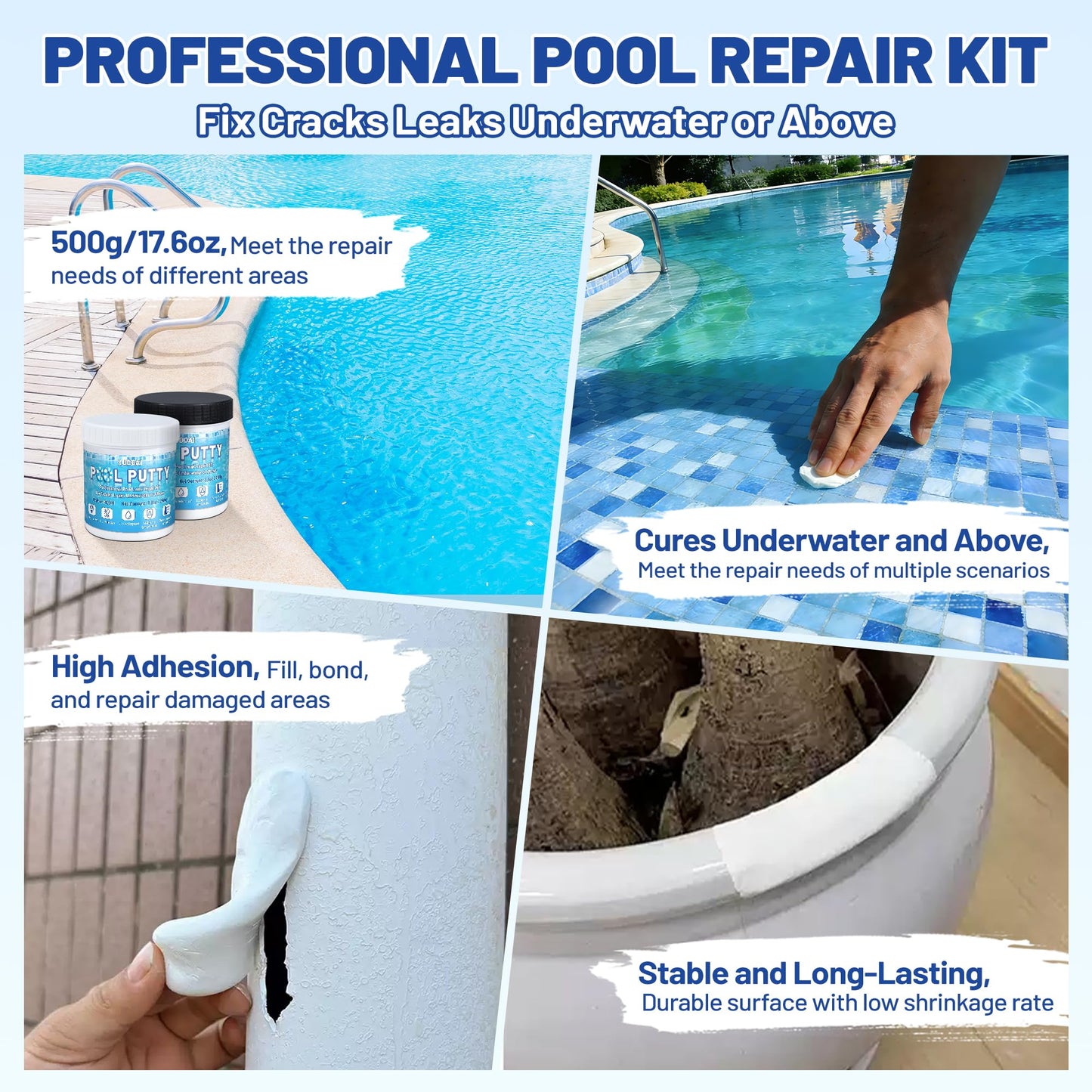 Pool Putty, 17.6oz/500g 2 Part Epoxy Pool Putty for Underwater or Above-Water Crack Leak Filling and Repair, Sealing and Repair of Holes and Damage in Fiberglass, Concrete and Tile Surfaces (White)