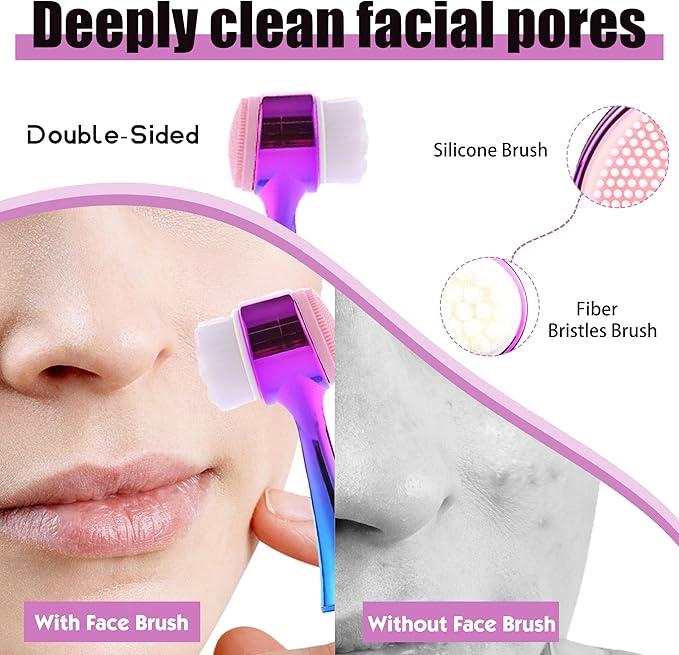 Facial Cleansing Brush 2 in 1Double-Sided Facial Cleaning Brush with Soft Bristles for Deep Pore Exfoliation, Wash Makeup, Massaging (Blue&Purple5PCS)