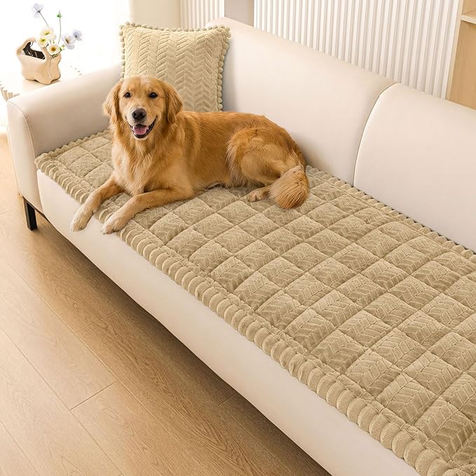 Smiry Non Slip Couch Covers for Dogs, Fuzzy Pet Couch Covers for 2 Cushion Sofa Pet Friendly, Soft Sofa Loveseat Slipcovers Cushion Furniture Protector Washable (Khaki, 27.6" x 47")