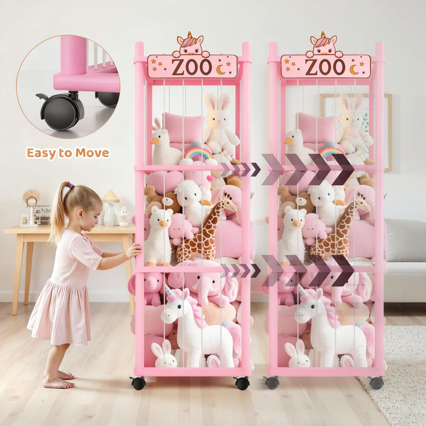 Vecxoty Stuffed Animal Storage Zoo Tower,56In Wooden Large Stuffed Animal Holder Organizer with Wheels,Stuffy Plushies Storage with Elastic Band&Mesh Bottom,Toy Organizers for Playroom Nursery（Pink）