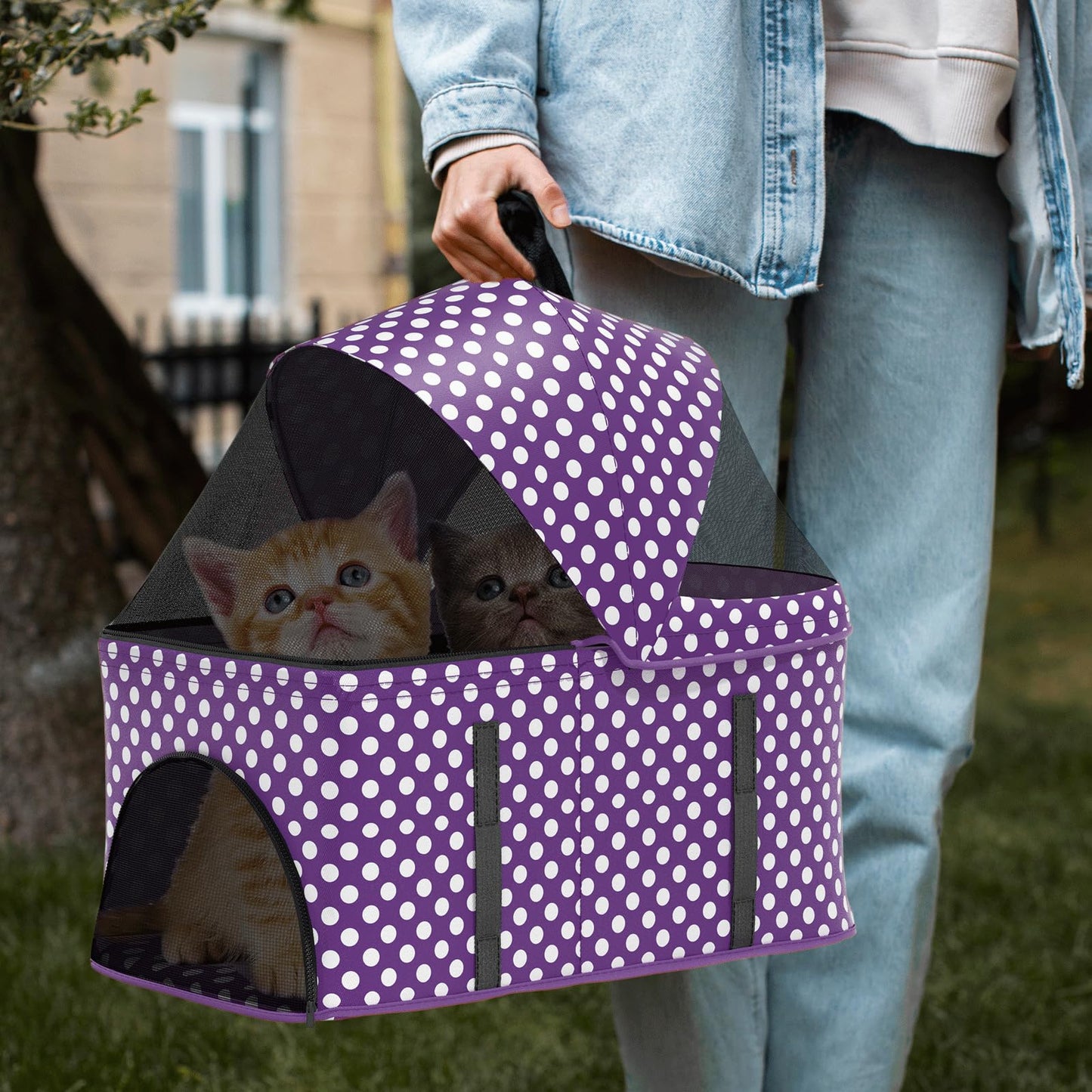 Magshion Foldable Pet Stroller, 3-in-1 Dog Travel Jogger with Detachable Carrier, Cup Holder, Storage Basket, Folding Carrier for Small/Medium Dogs & Cats Up to 33 lbs, Purple Polka Dots