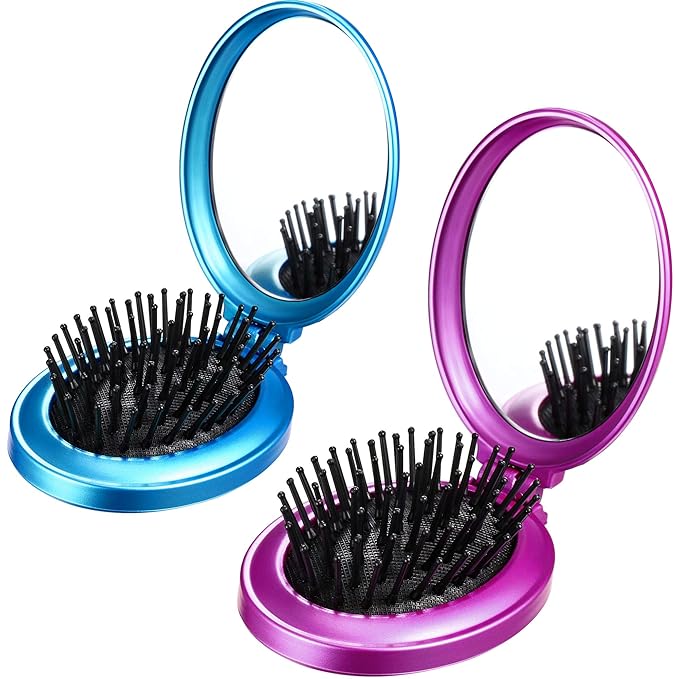 Boao 2 Pack Foldable Travel Mirror Hair Brushes Portable Folding Pocket Hair Brush Mini Comb Compact Travel Size Massage Comb for Men Women(Blue, Purple,Round)