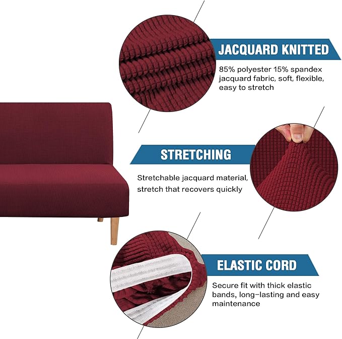 H.VERSAILTEX Armless Futon Cover Stretch Sofa Bed Slipcover Protector Elastic Feature Rich Textured High Spandex Small Checks Jacquard Fabric Futon Cover, Machine Washable, Burgundy Red