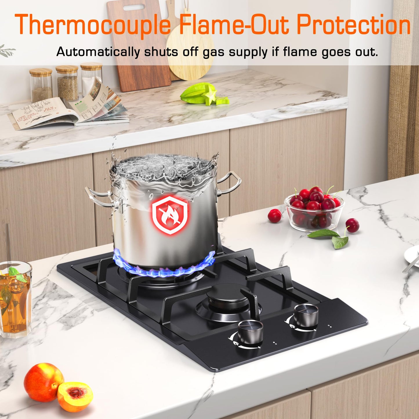 2 Burner Gas Cooktop, 12 Inch Built-in Propane Stove Top, NG/LPG Dual Fuel with Thermocouple Protection, Black Enamel Cooktop for Apartment & RV