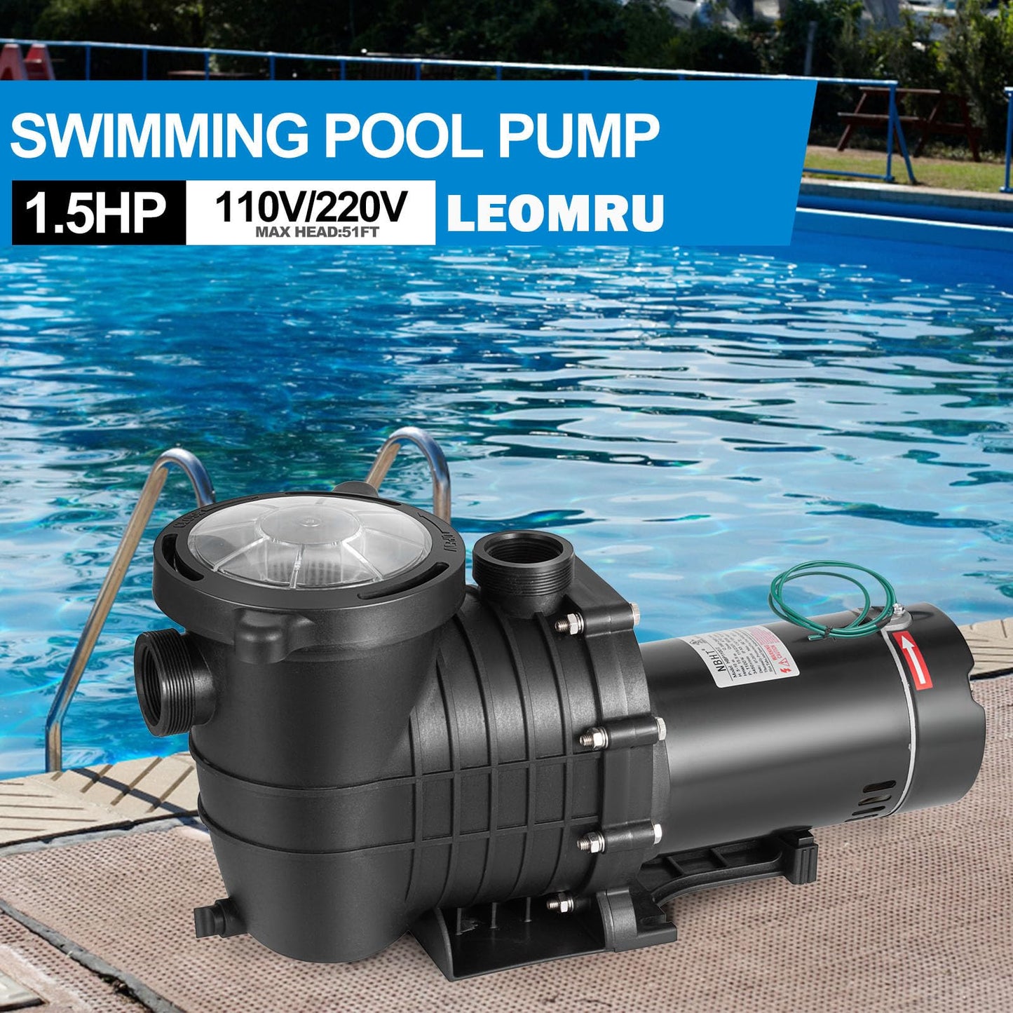 Leomru 1.5 HP Pool Pump 6500 GPH Self Priming in/Above Ground Swimming Pool Pump 110V/220V Dual Voltage Single Speed Pumps with Strainer Basket 6Pcs Connectors