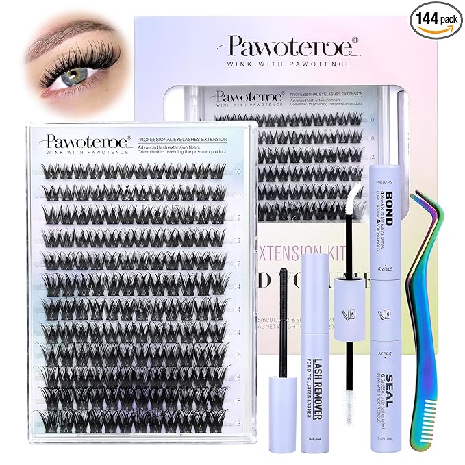 Pawotence Lash Clusters Kit Misha 10-18mm Cluster Lashes Extension Kit 144pcs Eyelash Clusters Wet Look Wispy Lashes Cluster Eyelash Extensions with Waterproof Lash Bond and Seal, Remover, Applicator