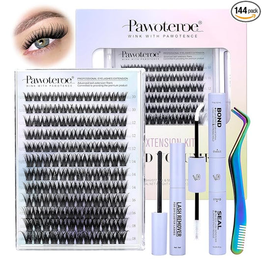 Pawotence Lash Clusters Kit Misha 10-18mm Cluster Lashes Extension Kit 144pcs Eyelash Clusters Wet Look Wispy Lashes Cluster Eyelash Extensions with Waterproof Lash Bond and Seal, Remover, Applicator