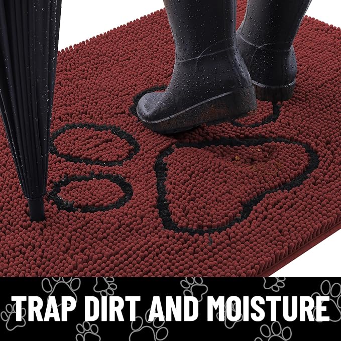 Smiry Dog Door Mat for Muddy Paws, Absorbent Dirt Trapper Non Slip Quick Dry Washable Chenille Mat for Mud Dogs, Entry Rug for Indoor and Outdoor (36x24 Inches, Caramel Russet and Black