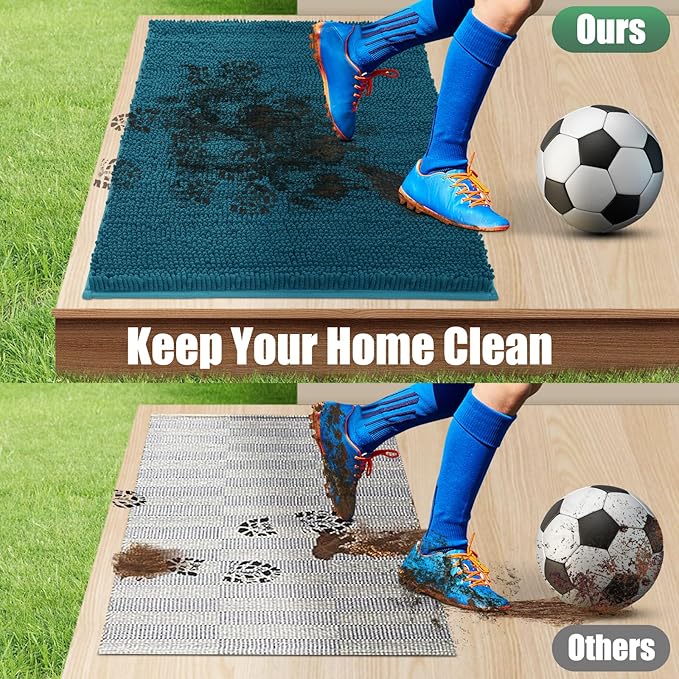 IM HOME Chenille Absorbent Outdoor Doormat 60" x 36", Washable Muddy Door Mats for Dog Non Slip Indoor Doormat Dog Mat for Muddy Paw Front Inside Doormats for Entryway Teal Blue