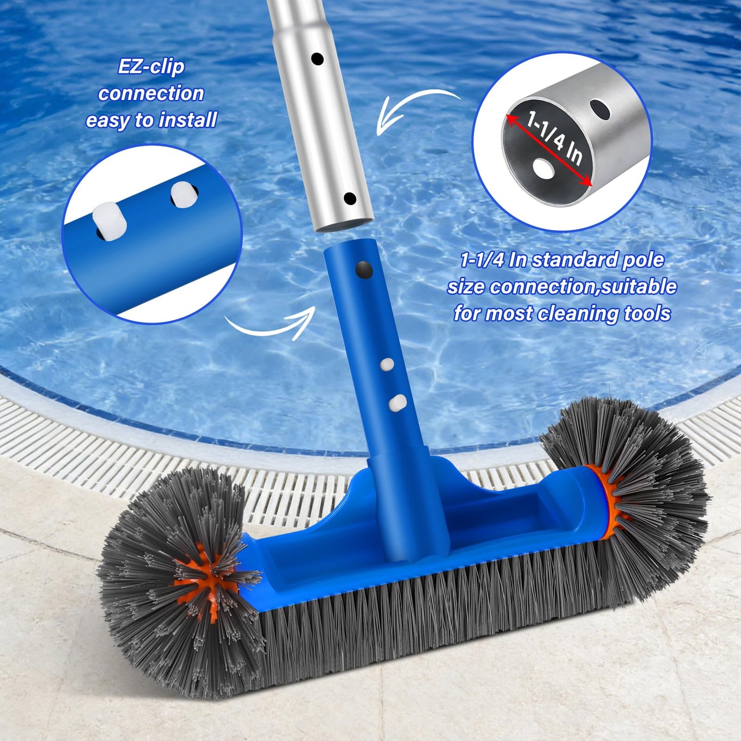 Swimming Pool Cleaning Kit Including 12.5 in Pool Brush Head,Ultra Fine Mesh Pool Leaf Skimmer Net with Maximum Length 76.5 in Aluminum Pole for Remove Debris and Dirt