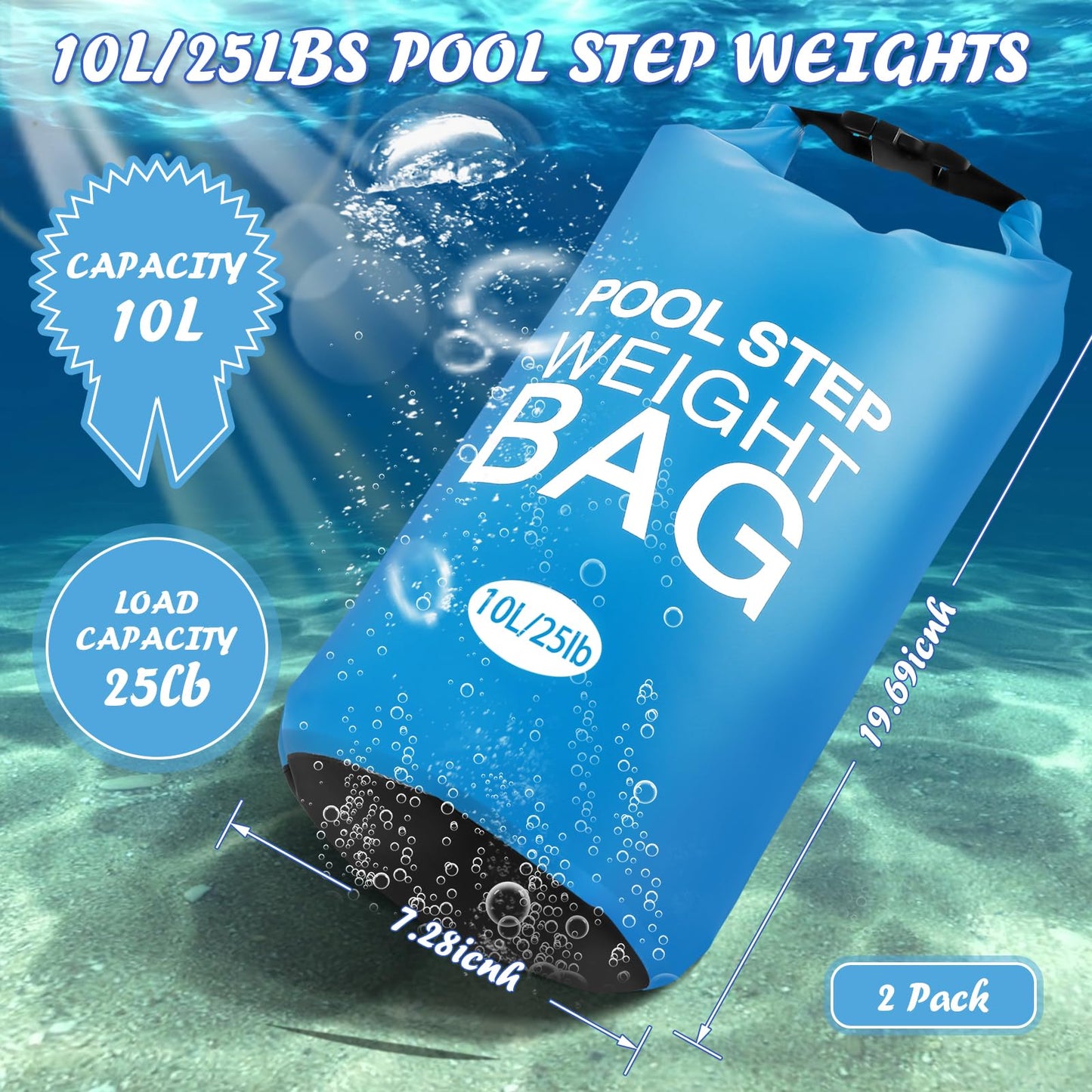 2 Pack 10L/25lb Universal Pool Step Weights 250D PVC Waterproof Swimming Pool Ladder Weights No Breaken Above Ground Pool Ladder Sand Bags, Foldable Pool Stair Weights for Pool Steps (Sky Blue)