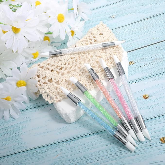 6 Pcs Nail Art Sculpture Pen, Dual Tipped Silicone Nail Tools, Silicone Head Acrylic Handle Nail Art Brushes, Rhinestone Nail Polish Carving Pen, Nail Art Tools for Home Salon(5 Colors)