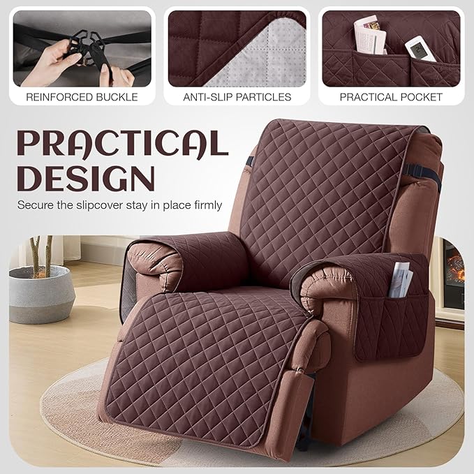 KinCam 100% Waterproof Recliner Chair Cover, Reclining Couch Covers for Pets, Dogs, Recliner Couch Slipcover Furniture Protector with Elastic Straps for Kids(25", Coffee)